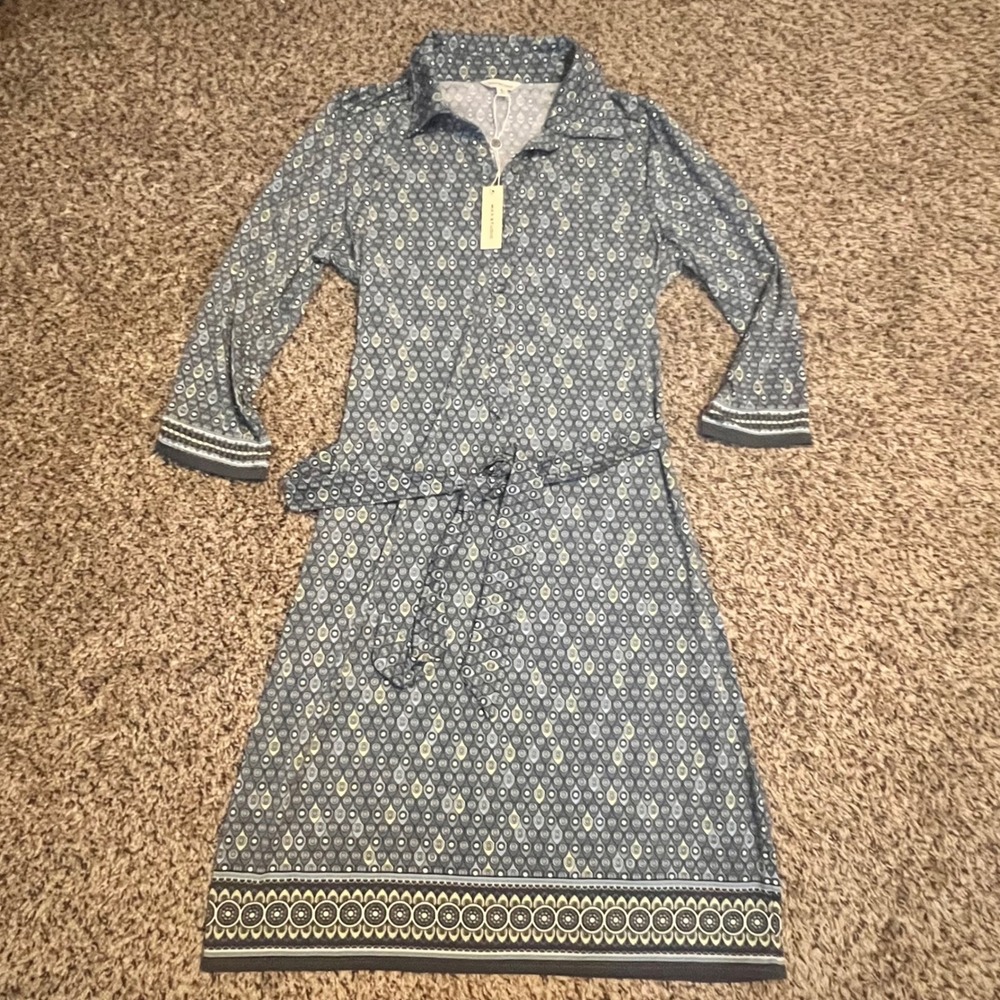 Max Studio Womens Blue Geometric Medallion 3/4 Sleeve Belted Shirt Dress‎ S NEW